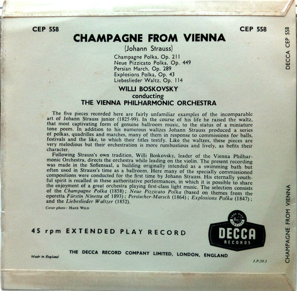 Willi Boskovsky Conducting The Wiener Philharmoniker : Champagne From Vienna (7", EP)