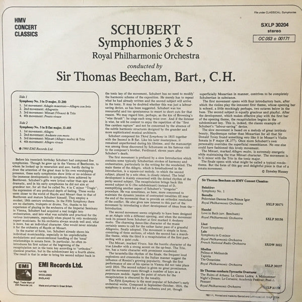Sir Thomas Beecham Conducts Franz Schubert – Royal Philharmonic Orchestra : Symphonies 3 & 5 (LP, RE)