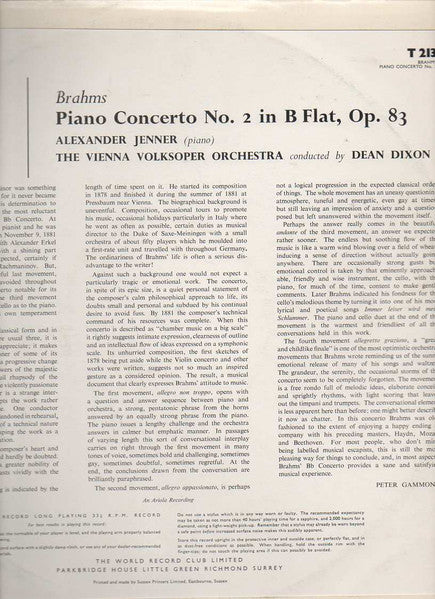 Johannes Brahms - Dean Dixon (2), Alexander Jenner : Dean Dixon Conducts Brahms Piano Concerto No. 2 (LP)