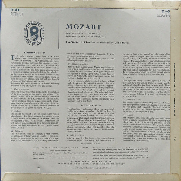 Wolfgang Amadeus Mozart, Sinfonia Of London, Sir Colin Davis : Symphonies Nos. 29 & 39 (LP, Album, Mono, Club, RE)