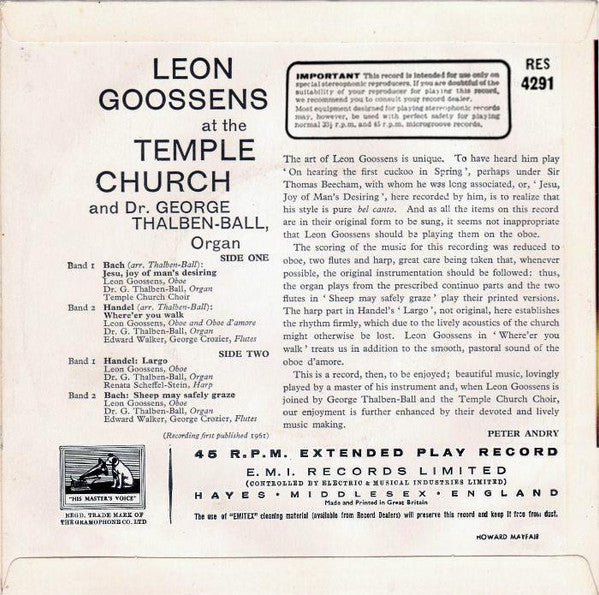 Leon Goossens and George Thalben-Ball : At The Temple Church (7", EP)
