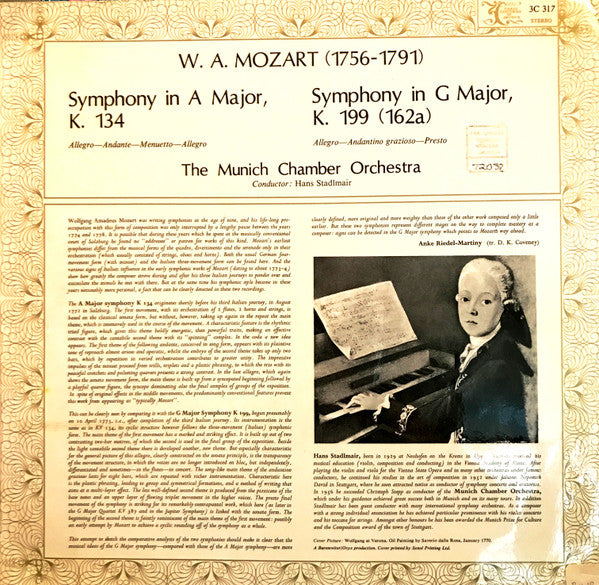 Wolfgang Amadeus Mozart, Münchener Kammerorchester , Conductor Hans Stadlmair : Symphonies K134 & K199 (LP)