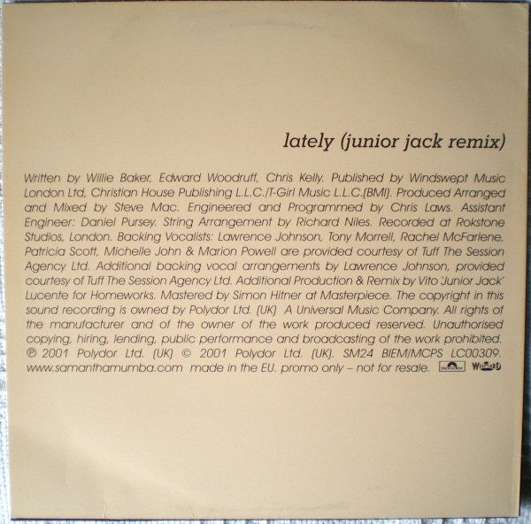 Samantha Mumba : Lately (Junior Jack Remix) (12", S/Sided, Promo)