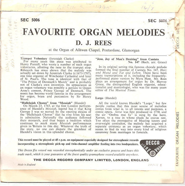 D. J. Rees : Favourite Organ Melodies (7", EP, 4 P)