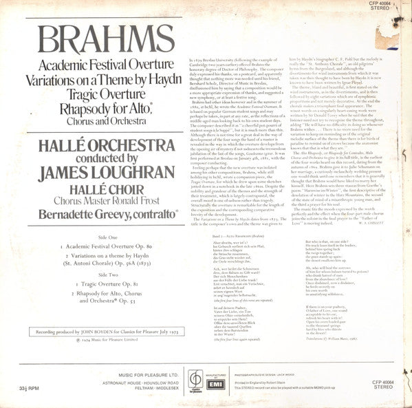 Johannes Brahms, Hallé Orchestra, Hallé Choir, Bernadette Greevy , Contralto, Conducted By James Loughran : Academic Festival Overture / Variations On A Theme By Haydn / Tragic Overture / Rhapsody For Alto, Chorus And Orchestra (LP, Album)