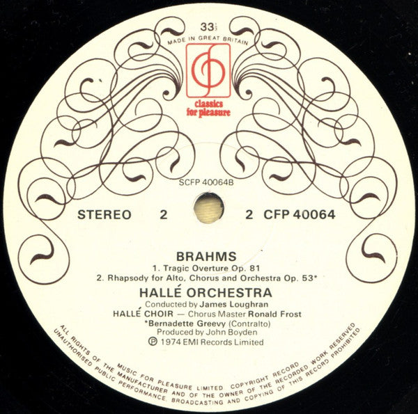 Johannes Brahms, Hallé Orchestra, Hallé Choir, Bernadette Greevy , Contralto, Conducted By James Loughran : Academic Festival Overture / Variations On A Theme By Haydn / Tragic Overture / Rhapsody For Alto, Chorus And Orchestra (LP, Album)