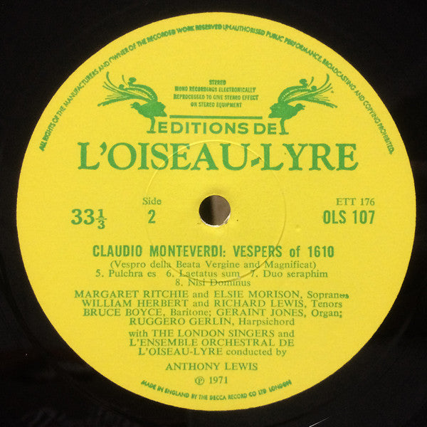 Claudio Monteverdi - Margaret Ritchie / Elsie Morison / William Herbert / Richard Lewis (3) / Bruce Boyce / St. Anthony Singers / Ensemble Orchestral De L'Oiseau-Lyre, Anthony Lewis (2) : Vespers Of 1610 (LP)