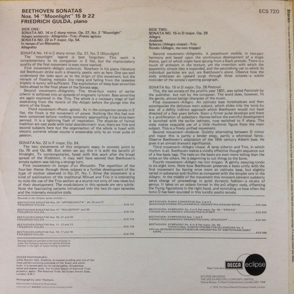 Ludwig van Beethoven, Friedrich Gulda : Sonatas Nos. 14 "Moonlight", 15 & 22 (LP)