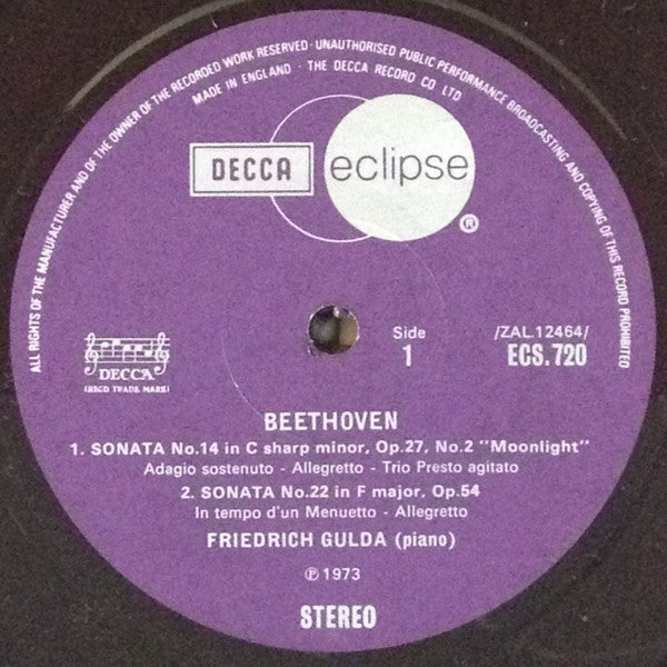 Ludwig van Beethoven, Friedrich Gulda : Sonatas Nos. 14 "Moonlight", 15 & 22 (LP)