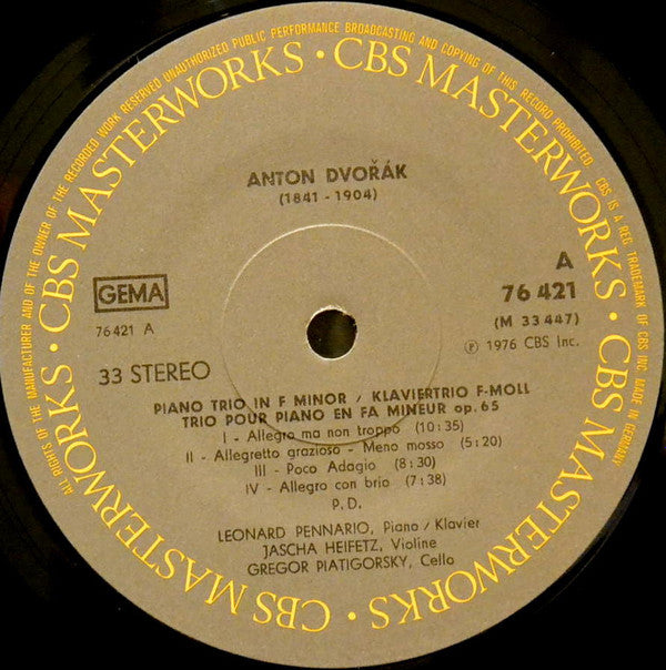 Jascha Heifetz – Gregor Piatigorsky, Leonard Pennario • Antonín Dvořák / Igor Stravinsky / Reinhold Glière / Georg Friedrich Händel - Johan Halvorsen : Piano Trio-Op. 65 / Suite Italienne / Duo / Passacaglia (LP, Gat)