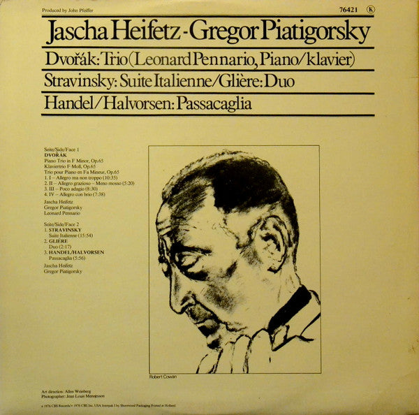 Jascha Heifetz – Gregor Piatigorsky, Leonard Pennario • Antonín Dvořák / Igor Stravinsky / Reinhold Glière / Georg Friedrich Händel - Johan Halvorsen : Piano Trio-Op. 65 / Suite Italienne / Duo / Passacaglia (LP, Gat)