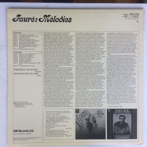 Gabriel Fauré - Frederica von Stade, Jean-Philippe Collard : Mélodies (LP)