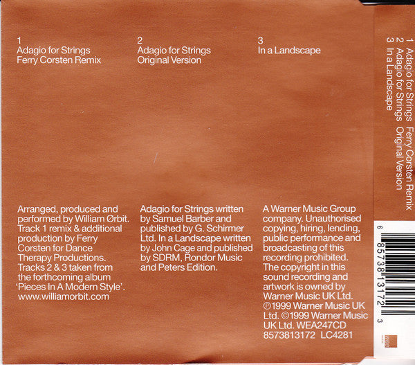 William Ørbit* : Barber's Adagio For Strings (CD, Single, CDP)