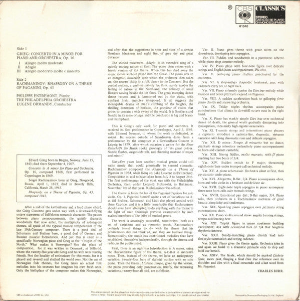 Edvard Grieg / Sergei Vasilyevich Rachmaninoff - Philippe Entremont, Eugene Ormandy, The Philadelphia Orchestra : Piano Concerto / Rhapsody On A Theme Of Paganini (LP, RE)