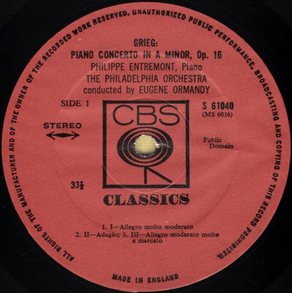 Edvard Grieg / Sergei Vasilyevich Rachmaninoff - Philippe Entremont, Eugene Ormandy, The Philadelphia Orchestra : Piano Concerto / Rhapsody On A Theme Of Paganini (LP, RE)