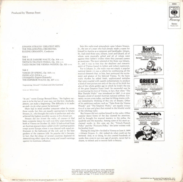 Johann Strauss* - Ormandy*, Philadelphia Orchestra* : Johann Strauss' Greatest Hits (LP, Comp)