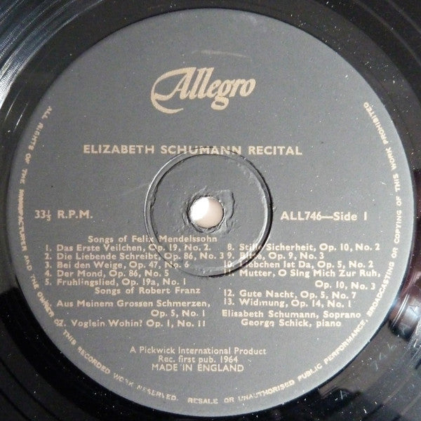 Elisabeth Schumann : Recital / Songs Of Felix Mendelssohn Robert Franz And Hugo Wolf (LP, Mono)