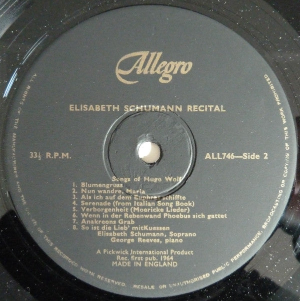 Elisabeth Schumann : Recital / Songs Of Felix Mendelssohn Robert Franz And Hugo Wolf (LP, Mono)