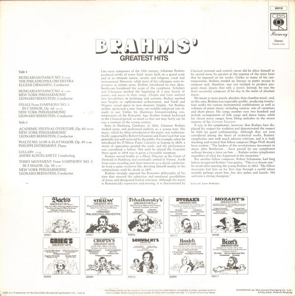 Johannes Brahms - Leonard Bernstein / New York Philharmonic, Philippe Entremont, André Kostelanetz, Eugene Ormandy / The Philadelphia Orchestra : Brahms' Greatest Hits (LP, Comp)