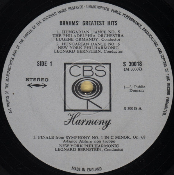 Johannes Brahms - Leonard Bernstein / New York Philharmonic, Philippe Entremont, André Kostelanetz, Eugene Ormandy / The Philadelphia Orchestra : Brahms' Greatest Hits (LP, Comp)