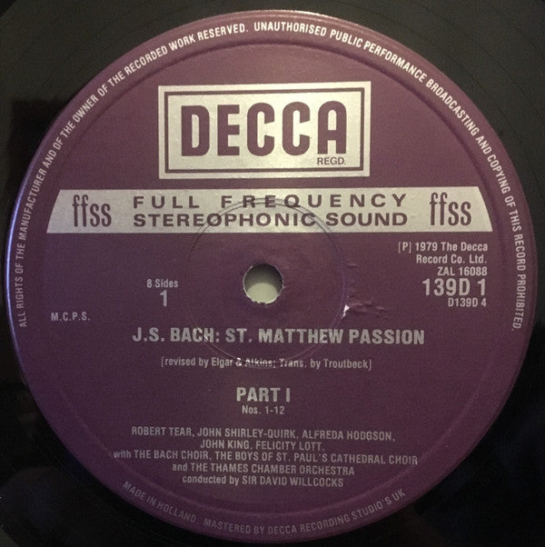 Johann Sebastian Bach, Robert Tear / John Shirley-Quirk / Felicity Lott / Alfreda Hodgson / Neil Jenkins / Stephen Roberts (2) / St. Paul's Cathedral Choir / The Bach Choir, The Thames Chamber Orchestra, David Willcocks : St. Matthew Passion (4xLP, Album, Sun + Box)