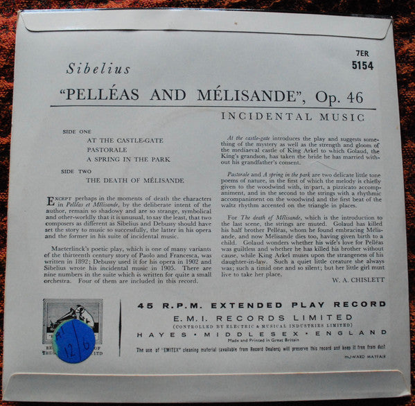 Royal Philharmonic Orchestra, Sir Thomas Beecham : "Pelléas And Mélisande", Op. 46 (7", EP, Mono, RP)