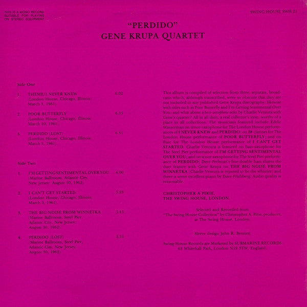 The Gene Krupa Quartet : "Perdido" Rare Live Performances (LP, Comp, Mono)