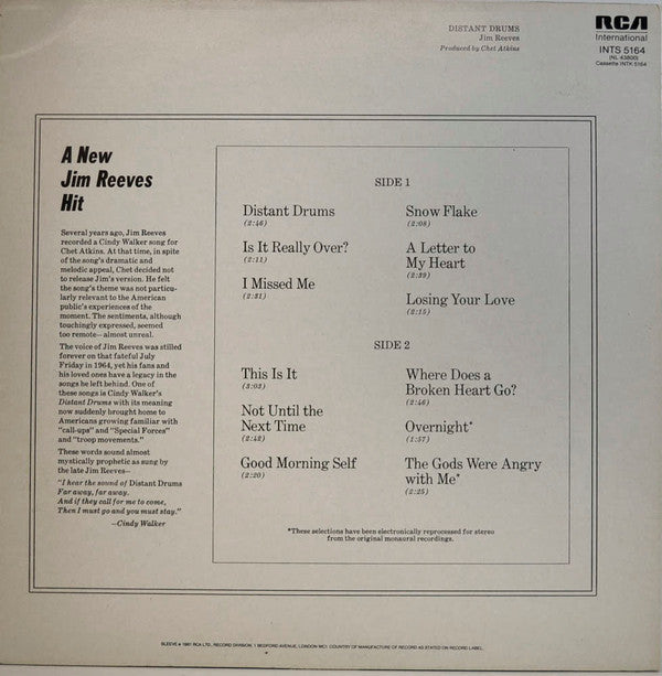 Jim Reeves : Distant Drums (LP, Album, RE)