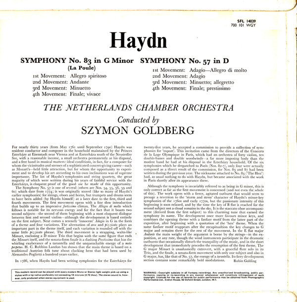 Joseph Haydn, Netherlands Chamber Orchestra, Szymon Goldberg : Symphony No. 83 In G Minor "La Poule" / Symphony No. 57 In D (LP)