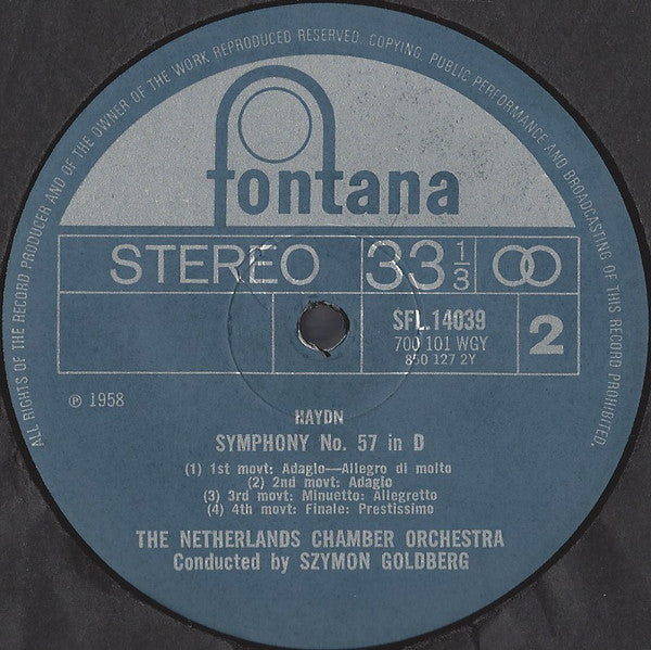 Joseph Haydn, Netherlands Chamber Orchestra, Szymon Goldberg : Symphony No. 83 In G Minor "La Poule" / Symphony No. 57 In D (LP)