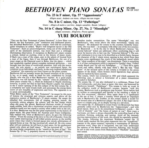 Ludwig van Beethoven, Yuri Boukoff : Piano Sonata No. 23 In F Minor, Op.57 "Appassionata" / Piano Sonata No.8 In C Minor, Op.13 "Pathétique" / Piano Sonata No. 14 In C Sharp Minor, Op.27, No.2 "Moonlight" (LP, RE)