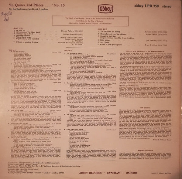 The Choir of the Priory Church of St. Bartholomew-the-Great, Smithfield, London Directed By Andrew Morris (20) : "In Quires And Places ... " No. 15 (LP, Album)