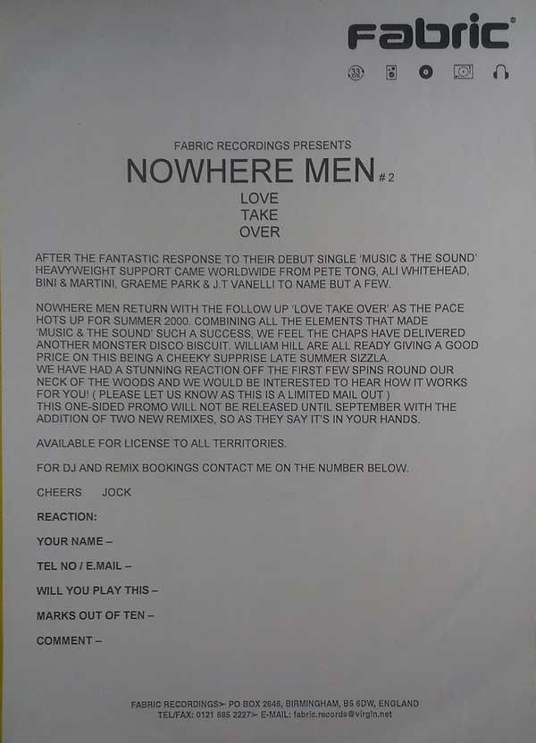 Nowhere Men : Love Take Over (12", S/Sided, Promo)