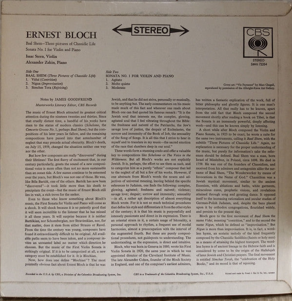 Isaac Stern, Alexander Zakin : Ernest Bloch Baal Shem-Three Pictures of Chassidic Life (LP, Album)