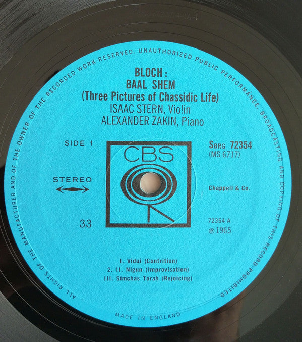 Isaac Stern, Alexander Zakin : Ernest Bloch Baal Shem-Three Pictures of Chassidic Life (LP, Album)