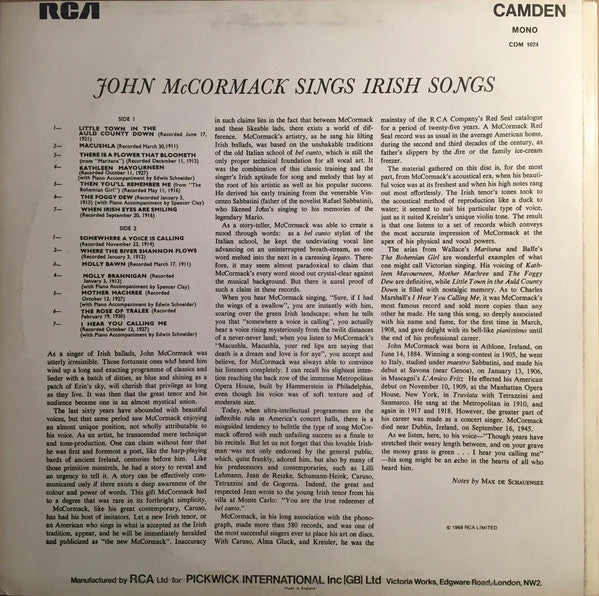 John McCormack (2) : John McCormack Sings Irish Songs (LP, Comp, Mono)