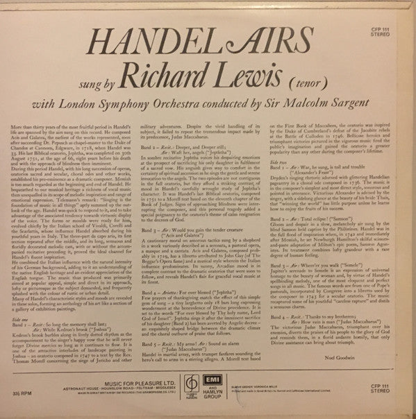 Richard Lewis (3), Georg Friedrich Händel, London Symphony Orchestra, Sir Malcolm Sargent : Handel Airs Sung By Richard Lewis (LP)