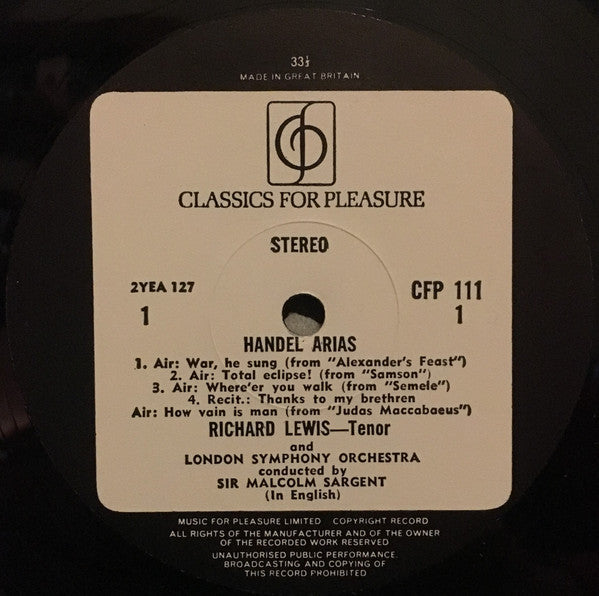 Richard Lewis (3), Georg Friedrich Händel, London Symphony Orchestra, Sir Malcolm Sargent : Handel Airs Sung By Richard Lewis (LP)