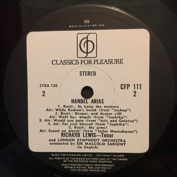 Richard Lewis (3), Georg Friedrich Händel, London Symphony Orchestra, Sir Malcolm Sargent : Handel Airs Sung By Richard Lewis (LP)