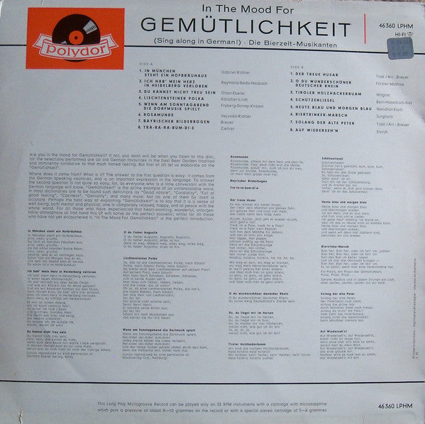 Die Bierzelt-Musikanten : In The Mood For Gemütlichkeit (Sing-Along In German) (LP, Album, Mono)