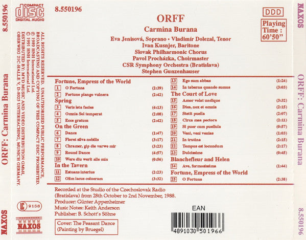 Carl Orff, Eva Jenisová • Vladimír Doležal • Ivan Kusnjer, Slovak Philharmonic Chorus, Slovak Radio Symphony Orchestra, Stephen Gunzenhauser : Carmina Burana (CD, Album)