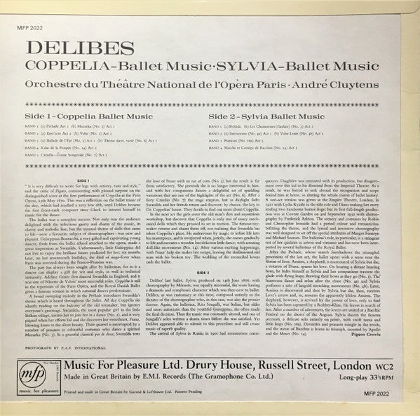 Léo Delibes / André Cluytens, Orchestre National De L'Opéra De Paris : Coppélia / Sylvia (LP, Mono)
