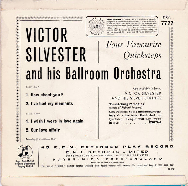 The Victor Silvester Orchestra : Four Favourite Quicksteps - Quicksteps In Stereo (7", EP)