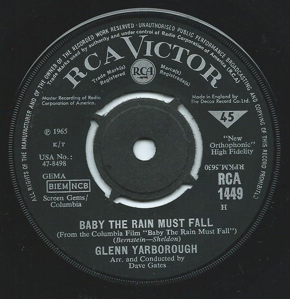 Glenn Yarbrough : Baby The Rain Must Fall (7", Single)