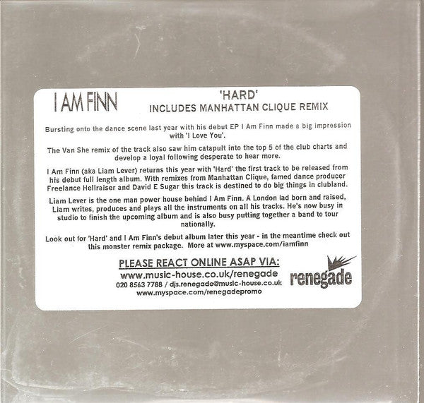 I Am Finn : 'Hard' Mixes (CDr, Single, Promo)