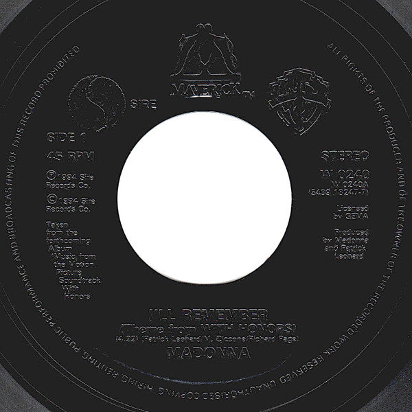 Madonna : I'll Remember (Theme From With Honors) (7", Single, Jukebox)