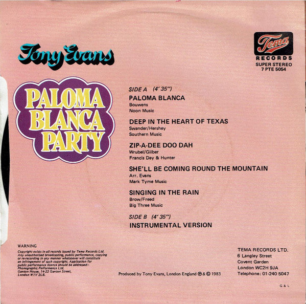 Tony Evans And His Orchestra : Paloma Blanca Party (7", Single)