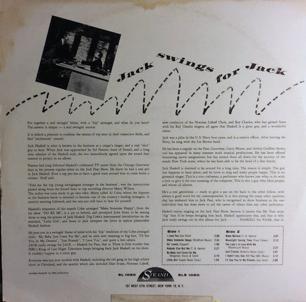 Jack Haskell, Jack Paar : Jack Haskell Swings For Jack Paar (LP, Album, Mono)