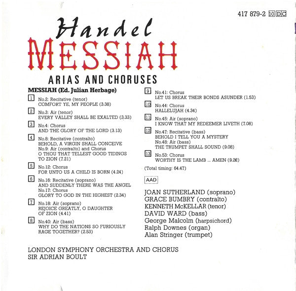 Georg Friedrich Händel : Messiah - Arias And Choruses (CD, Album, RE)