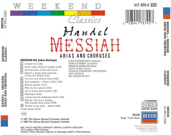 Georg Friedrich Händel : Messiah - Arias And Choruses (CD, Album, RE)